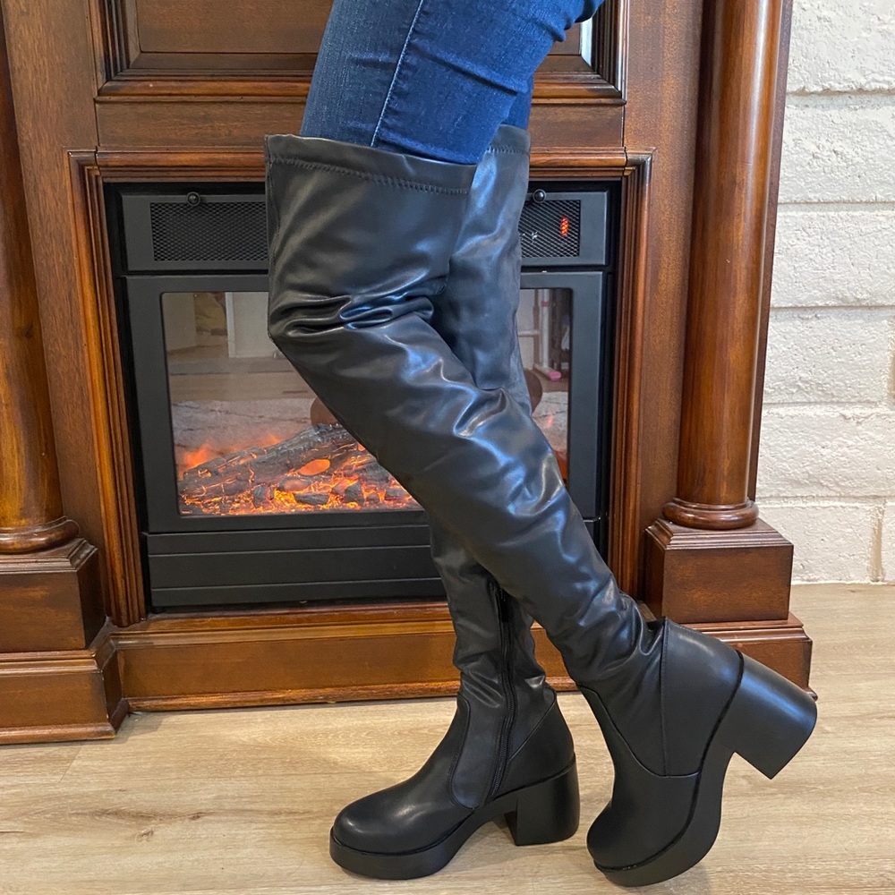 Thigh High Vegan Leather Chunky High Heel Boots OTK - Picture 11 of 13